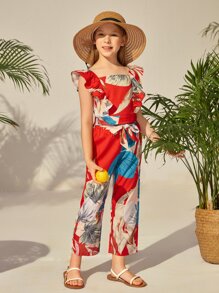 SHEIN Girls 1pc Tropical Print Zipper Back Ruffle Trim Top With 1pc Belted Trousers - Multicolor - View 4