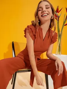 SHEIN Privé Mono a capas fruncido de manga con cinturón - Naranja Quemada - Ver 4