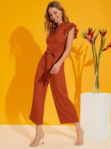 SHEIN Privé Mono a capas fruncido de manga con cinturón - Naranja Quemada - Ver 5