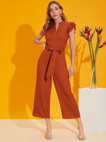 SHEIN Privé Mono a capas fruncido de manga con cinturón - Naranja Quemada - Ver 6