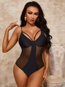 Mesh Panel Push Up One Piece Swimsuit - Black - View 1