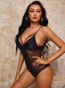 Mesh Panel Push Up One Piece Swimsuit - Black - View 5