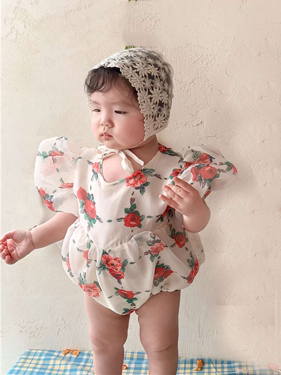 夏季服装、宽松服装、婴儿服装、欧根纱花朵泡泡袖、婴儿连体衣、公主风、玫瑰连体衣 - 白色 - 查看 1