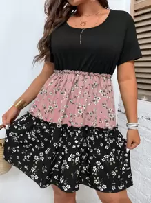 SHEIN Unity 大碼撞色和花卉圖案木耳褶皺邊荷葉邊連衣裙 - 彩色 - 查看 1