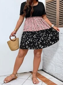 SHEIN Unity 大碼撞色和花卉圖案木耳褶皺邊荷葉邊連衣裙 - 彩色 - 查看 5