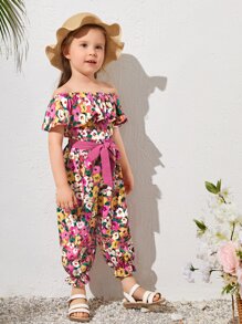 SHEIN Toddler Girls Allover Floral Print Off Shoulder Ruffle Trim Belted Jumpsuit - Multicolor - View 3