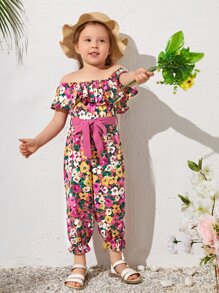 SHEIN Toddler Girls Allover Floral Print Off Shoulder Ruffle Trim Belted Jumpsuit - Multicolor - View 4