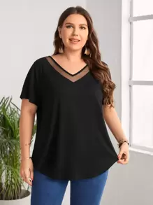 EMERY ROSE Plus Mesh Insert Solid Tee