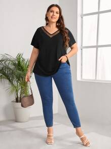 EMERY ROSE Plus Mesh Insert Solid Tee