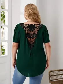 EMERY ROSE Áo sơ mi Plus Size Tương phản ren Cao thấp Hoa Giải trí - Màu xanh lá cây đậm - Xem 1