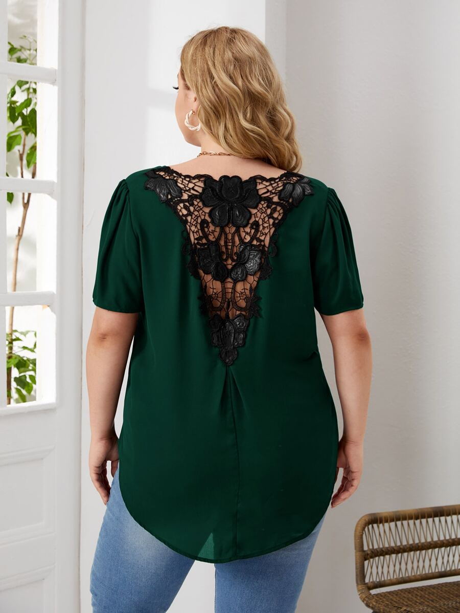 EMERY ROSE Áo sơ mi Plus Size Tương phản ren Cao thấp Hoa Giải trí - Màu xanh lá cây đậm - Xem 1