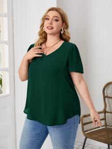 EMERY ROSE Áo sơ mi Plus Size Tương phản ren Cao thấp Hoa Giải trí - Màu xanh lá cây đậm - Xem 2