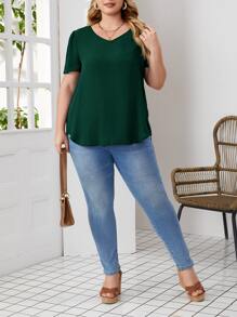 EMERY ROSE Áo sơ mi Plus Size Tương phản ren Cao thấp Hoa Giải trí - Màu xanh lá cây đậm - Xem 3