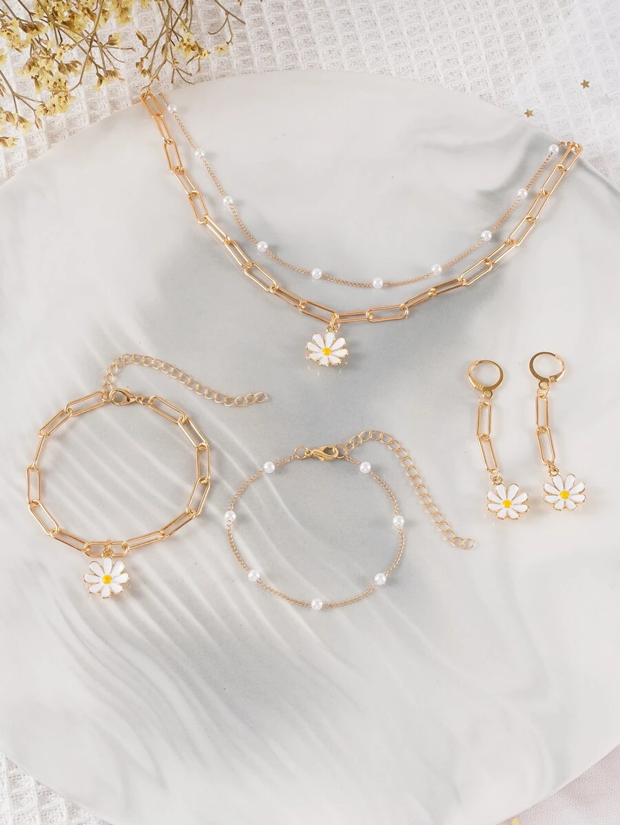 5pcs Flower Decor Jewelry Set Valentines,Mom,Mother,Mother's Day,Gift - Yellow Gold - View 1