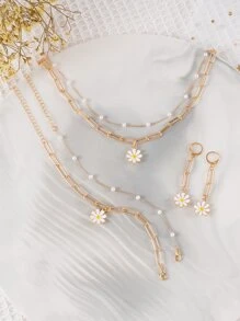 5pcs Flower Decor Jewelry Set Valentines,Mom,Mother,Mother's Day,Gift - Yellow Gold - View 2