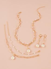 5pcs Flower Decor Jewelry Set Valentines,Mom,Mother,Mother's Day,Gift - Yellow Gold - View 3