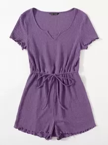 SHEIN LUNE Notched Neck Lettuce Trim Romper - Purple - View 3