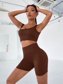 Yoga Basic 2pcs Seamless Yoga Set Sports Suit Ribbed Tank Top Hip-hugging Tummy Control Shorts - Brown - View 3