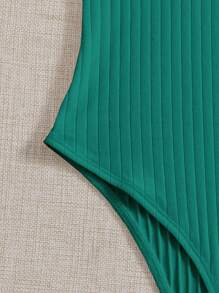 SHEIN EZwear Mock-neck Rib-knit Bodysuit - Green - View 5