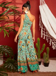 SHEIN VCAY Floral Print One Shoulder Wide Leg Jumpsuit - Multicolor - View 2