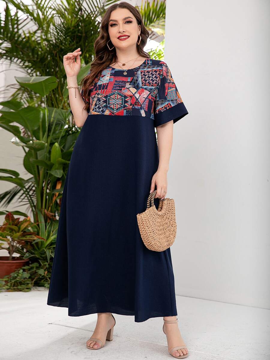 Mulvari Plus Geo Print Smock Dress - Navy Blue - View 1