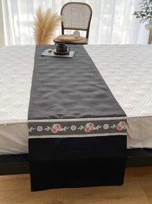 1pc Flower Embroidered Bed Runner - Black - View 5