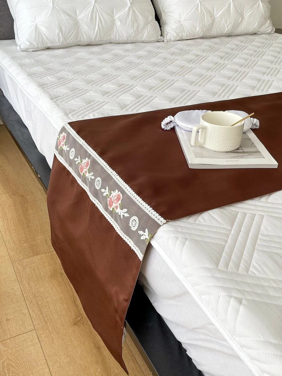 1pc Flower Lace Embroidered Bed Runner - Brown - View 1