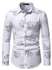 Manfinity Men Random Rose Jacquard Button Up Shirt - White - View 1