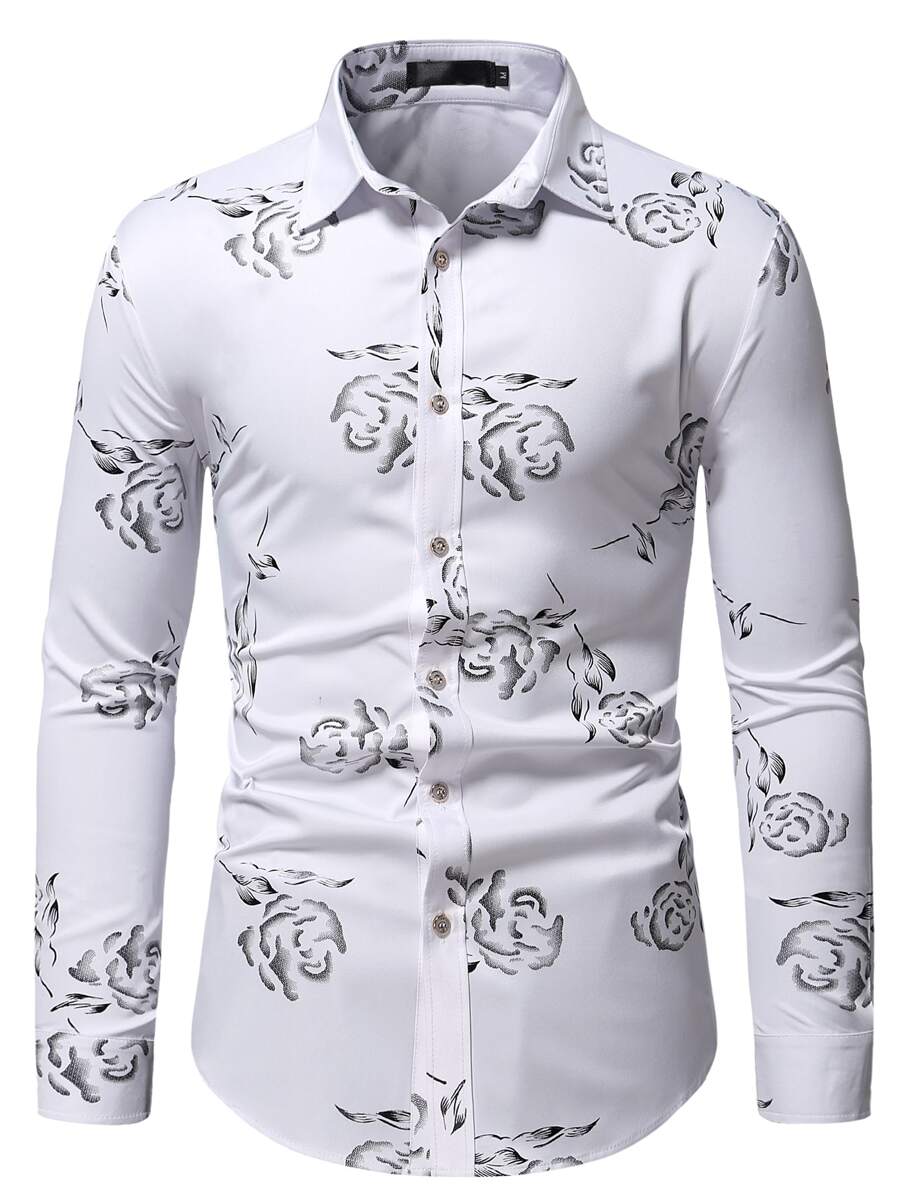 Manfinity Men Random Rose Jacquard Button Up Shirt - White - View 1