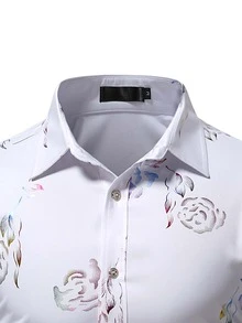 Manfinity 男士隨機玫瑰圖案紐扣襯衫 - 白色 - 查看 3