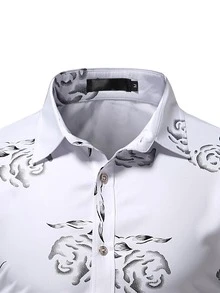 Manfinity Men Random Rose Jacquard Button Up Shirt - White - View 3