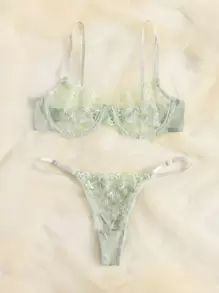 Sheer Mesh Embroidery Underwire Lingerie Set  Cozy And Elegant Details - Mint Green - View 3