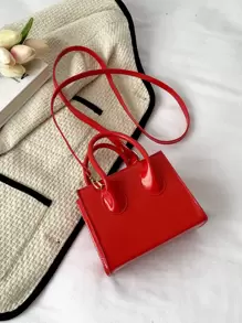 情人节礼物迷你时尚纯色 PU 皮革手提包和斜挎包、口红袋 - 紅色 - 查看 10