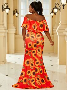 Vestido de vestir maxi con estampado tropical de hombros descubiertos ribete con fruncido - Multicolor - Ver 2