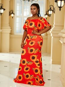 Vestido de vestir maxi con estampado tropical de hombros descubiertos ribete con fruncido - Multicolor - Ver 6