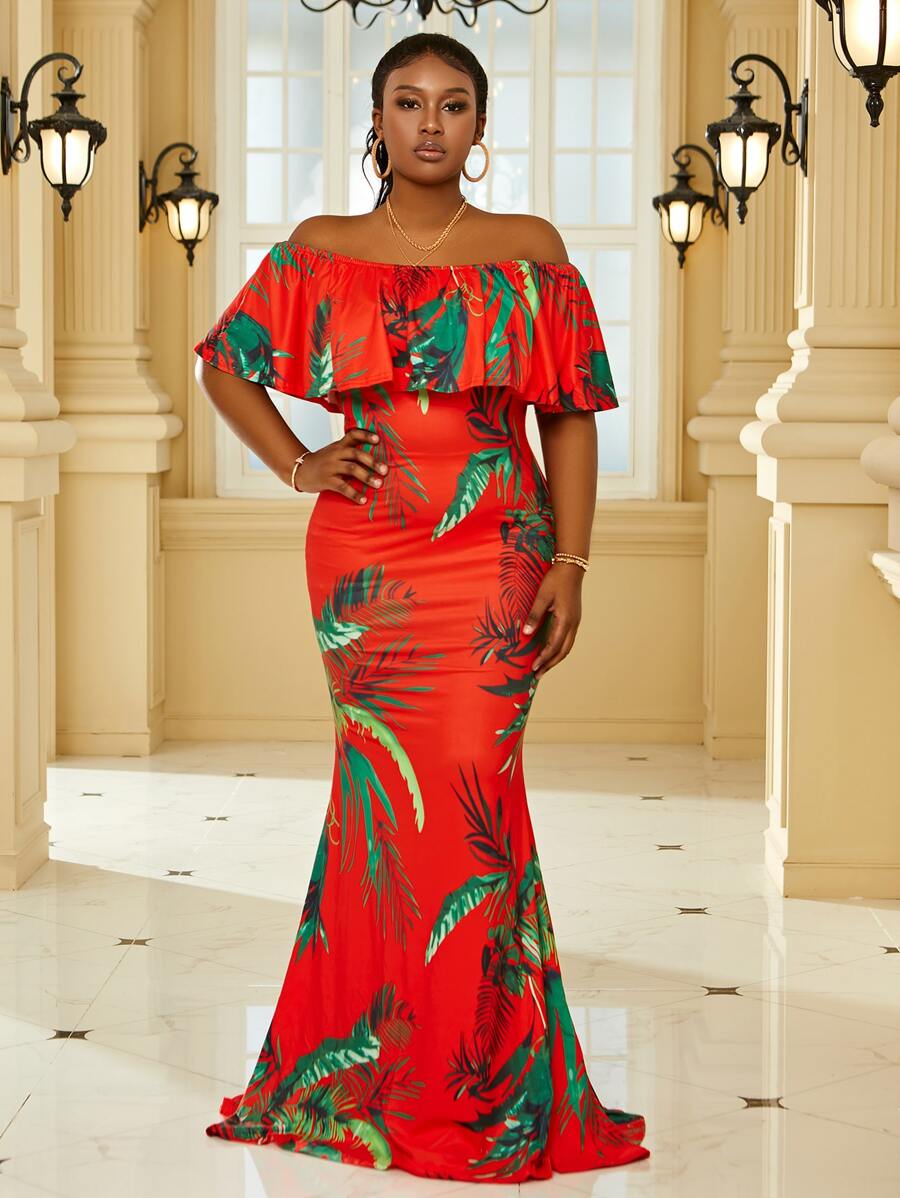 Plus Tropical Print Off Shoulder Ruffle Trim Maxi Formal Dress - Red - View 1