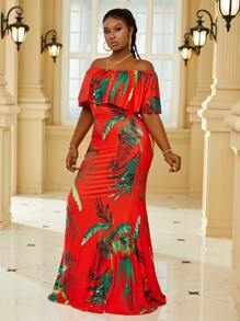Plus Tropical Print Off Shoulder Ruffle Trim Maxi Formal Dress - Red - View 5