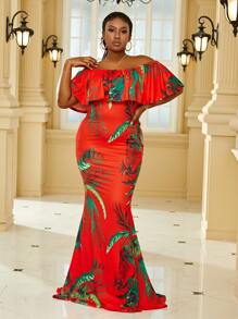 Plus Tropical Print Off Shoulder Ruffle Trim Maxi Formal Dress - Red - View 6