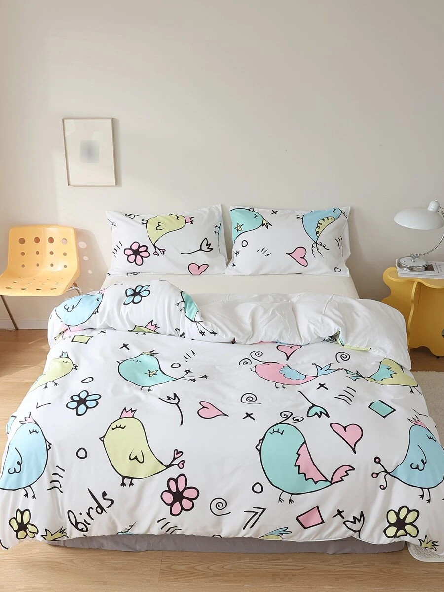 Cartoon Chicken Pattern Duvet Cover Set Without Filler - Multicolor - View 1
