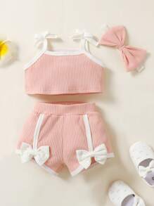 Baby Girl Contrast Piping Cami Top & Bow Front Shorts - Baby Pink - View 1