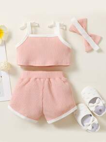 Baby Girl Contrast Piping Cami Top & Bow Front Shorts - Baby Pink - View 2