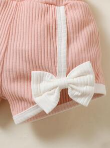Baby Girl Contrast Piping Cami Top & Bow Front Shorts - Baby Pink - View 3