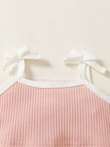 Baby Girl Contrast Piping Cami Top & Bow Front Shorts - Baby Pink - View 4