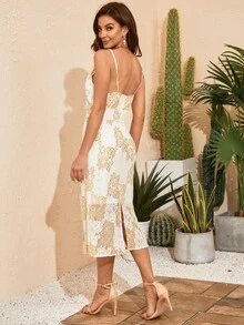 花卉蕾絲後背開衩吊帶連衣裙