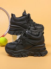 Women's Platform Sneakers, Fashion Versatile Women's Casual Shoes, Mesh Patchwork Women's Shoes, Lace-Up Wedge Heel Women Shoes - Black - View 1