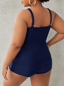 SHEIN Swim Curve 加大码纯色褶皱比基尼夏季海滩 - 藏蓝色 - 查看 2