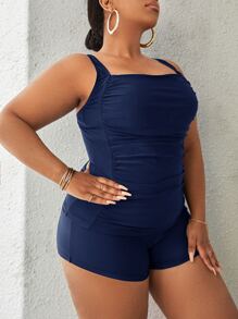 SHEIN Swim Curve 加大码纯色褶皱比基尼夏季海滩 - 藏蓝色 - 查看 3