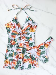 Summer Beach Random Tropical Print Twist Front Swim Dress - Multicolor - View 6