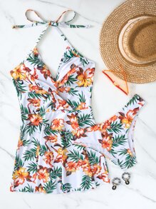Summer Beach Random Tropical Print Twist Front Swim Dress - Multicolor - View 7