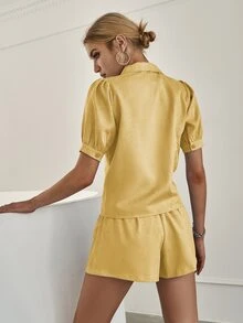 Sollinarry Flap Detail Double Breasted Top & Shorts Set - Yellow - View 2